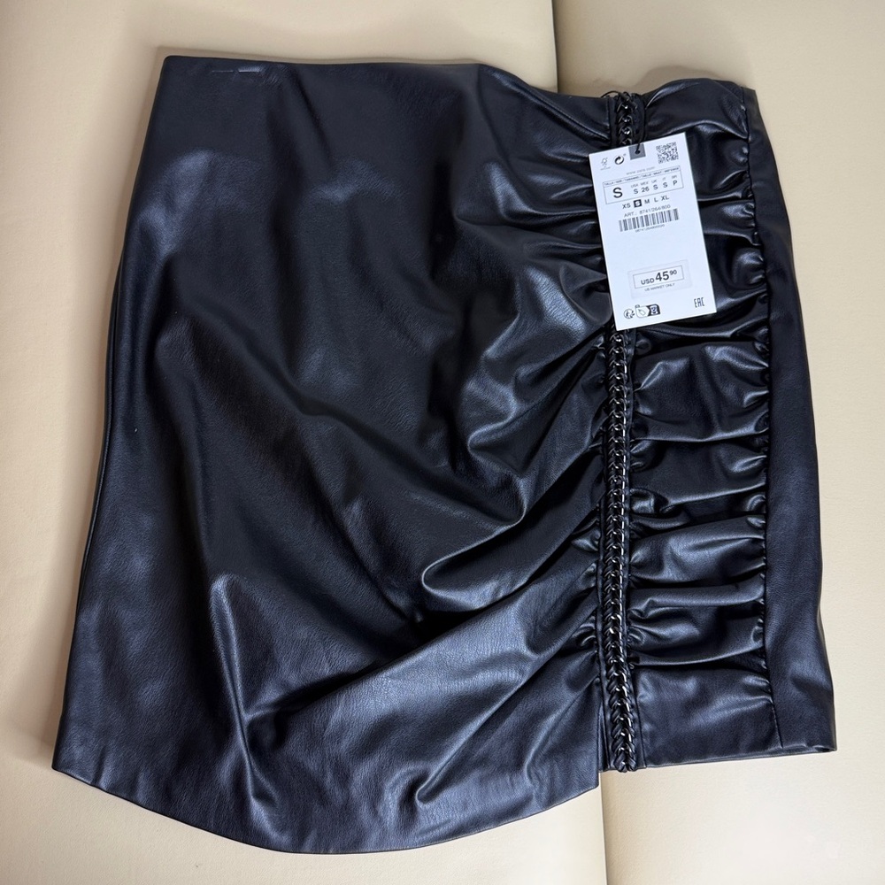 Zara Black Faux Leather Skirt with Braided Detail